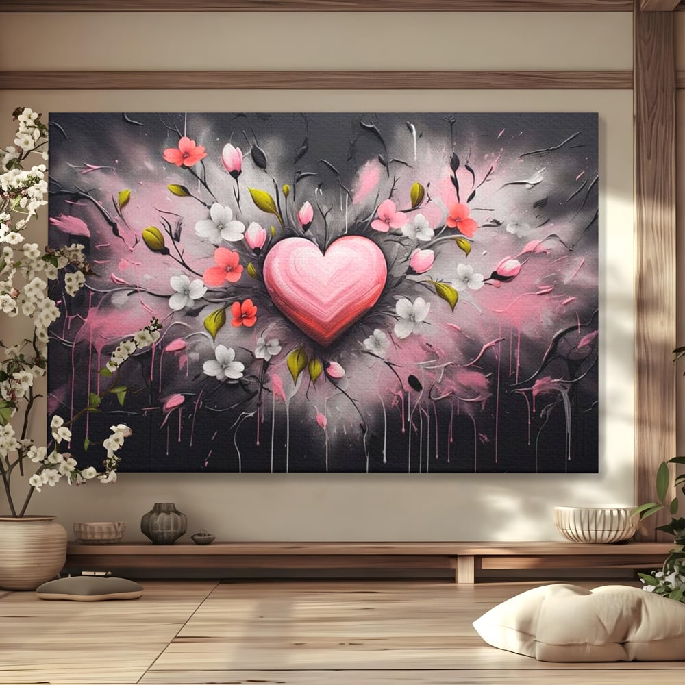 Tablou canvas cu tablou canvas cu inima roz si flori, fara rama, pe sasiu de lemn